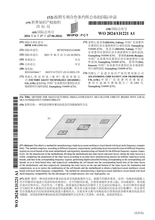 胜宏科技公布国际专利申请：“一种局部多频率兼容的高多层线路板制作方法”